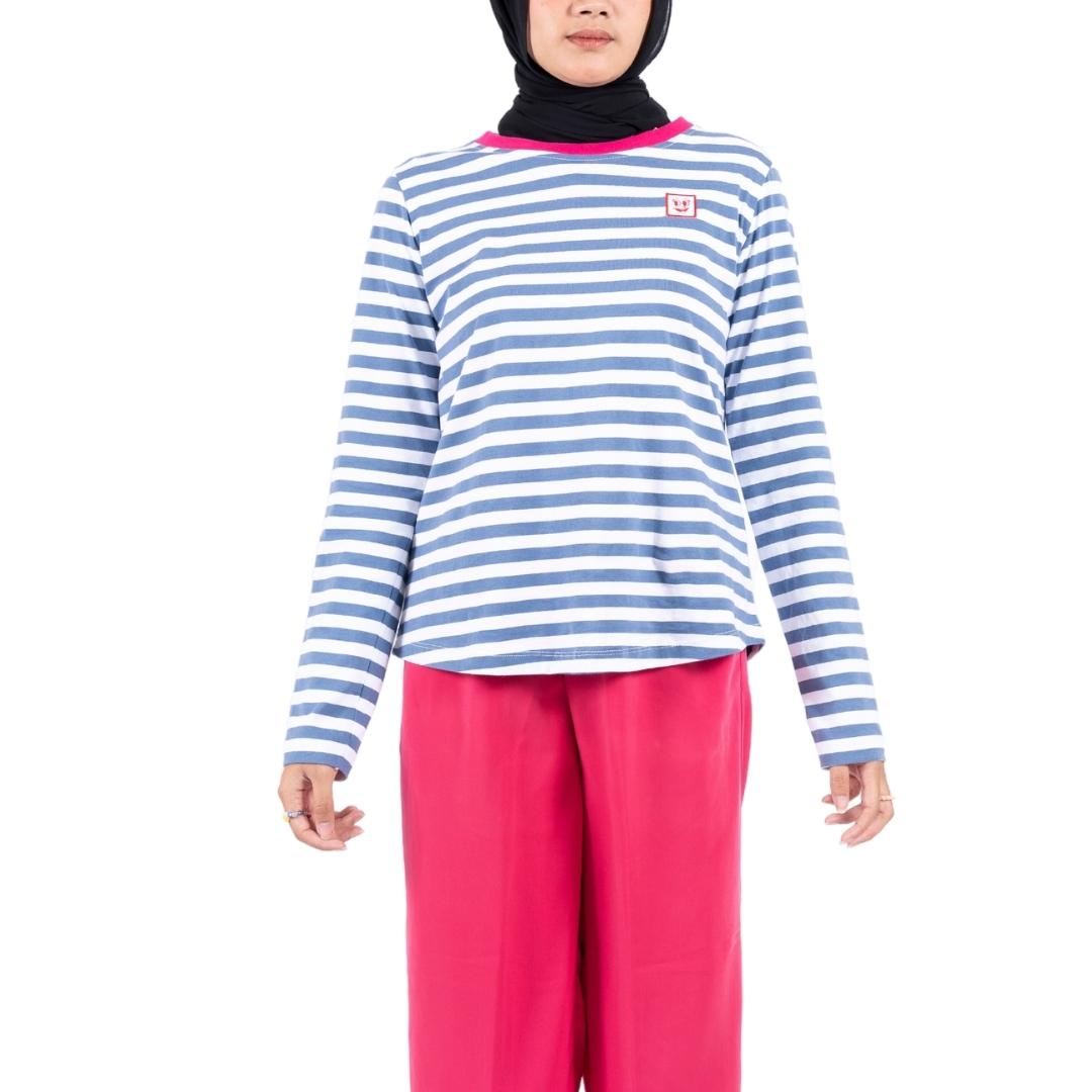 Flashy Kaos Lengan Panjang Wanita Colweill Salur Biru Putih