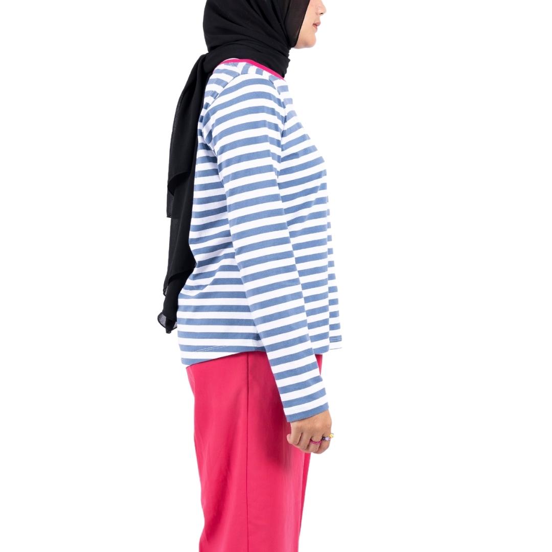 Flashy Kaos Lengan Panjang Wanita Colweill Salur Biru Putih
