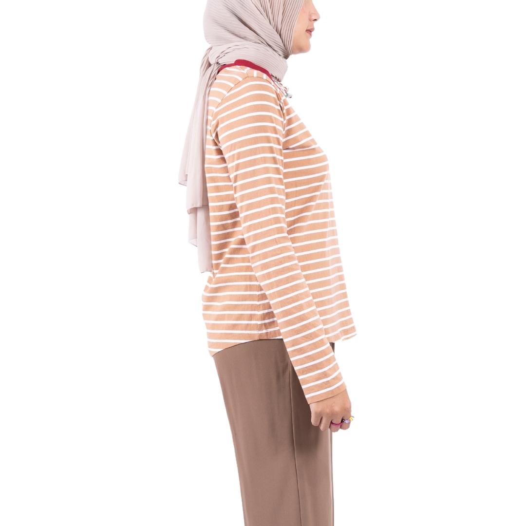 Flashy Kaos Lengan Panjang Wanita Colweill Salur Cokelat Putih