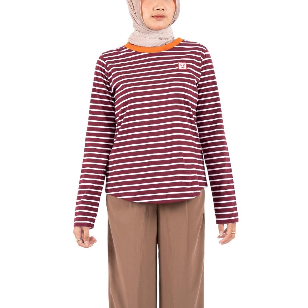 Flashy Kaos Lengan Panjang Wanita Colweill Salur Marun Putih