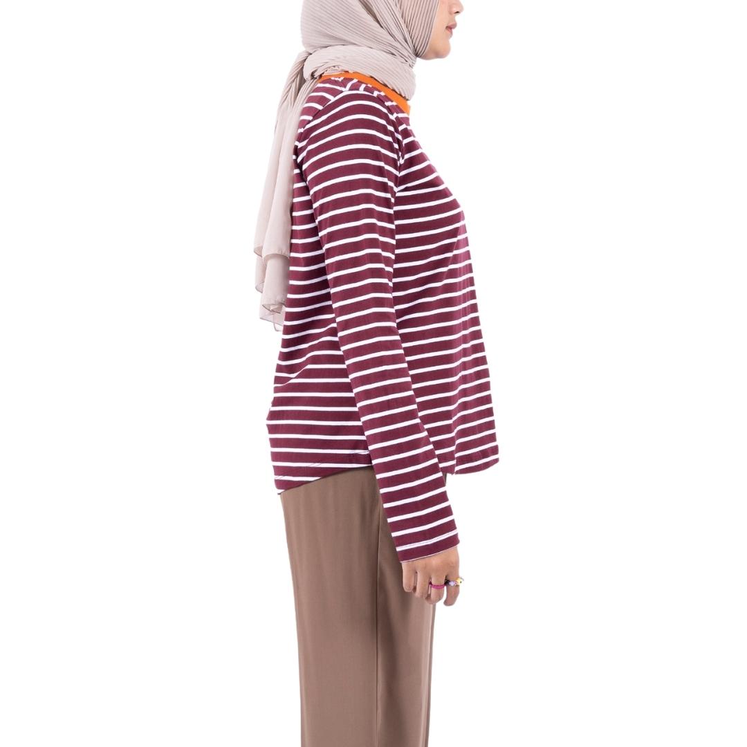 Flashy Kaos Lengan Panjang Wanita Colweill Salur Marun Putih