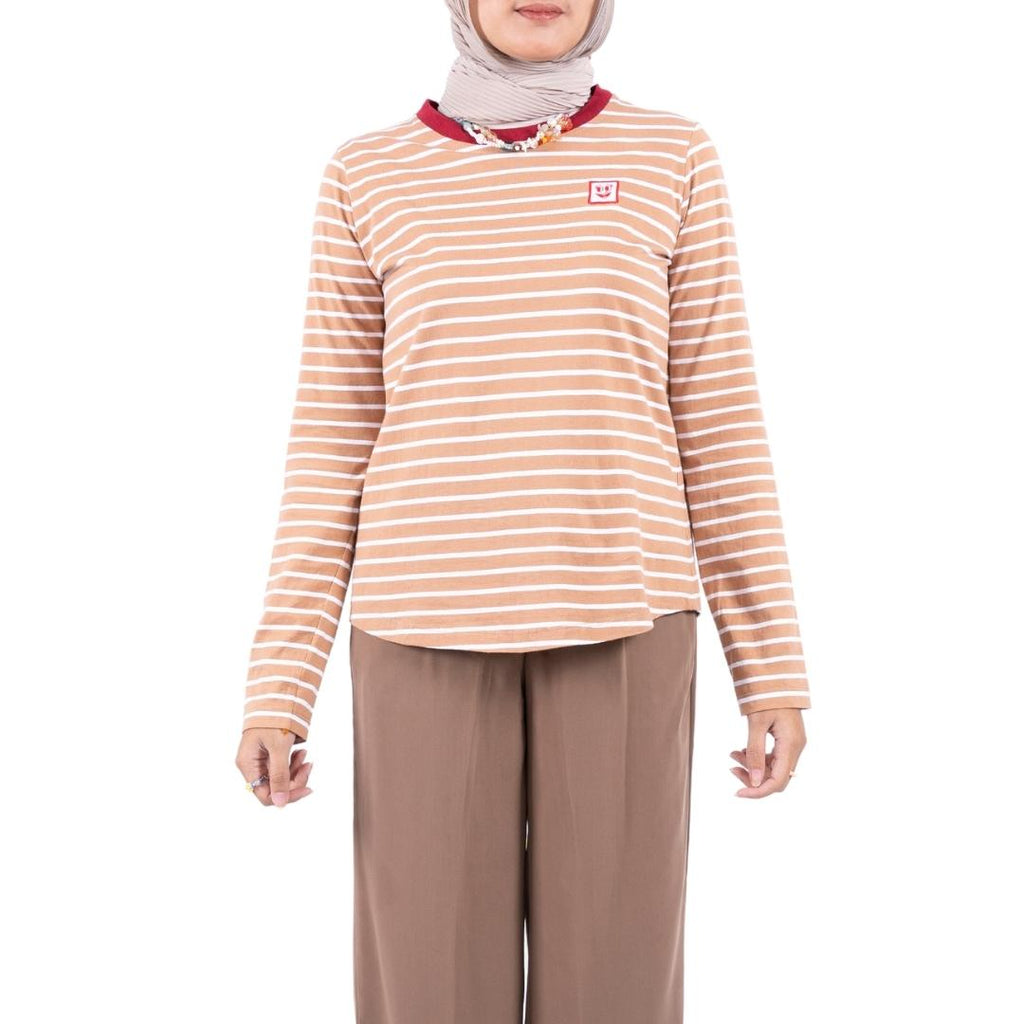 Flashy Kaos Lengan Panjang Wanita Colweill Salur Cokelat Putih