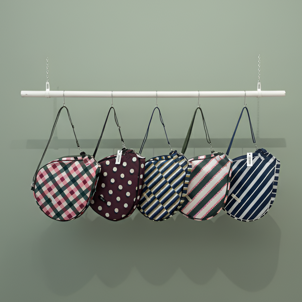 Five round bags with different patterns hanging on a rod against a green background